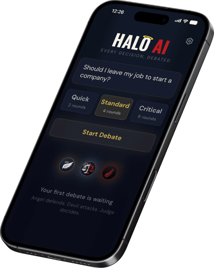 Halo AI app showing the decision input screen